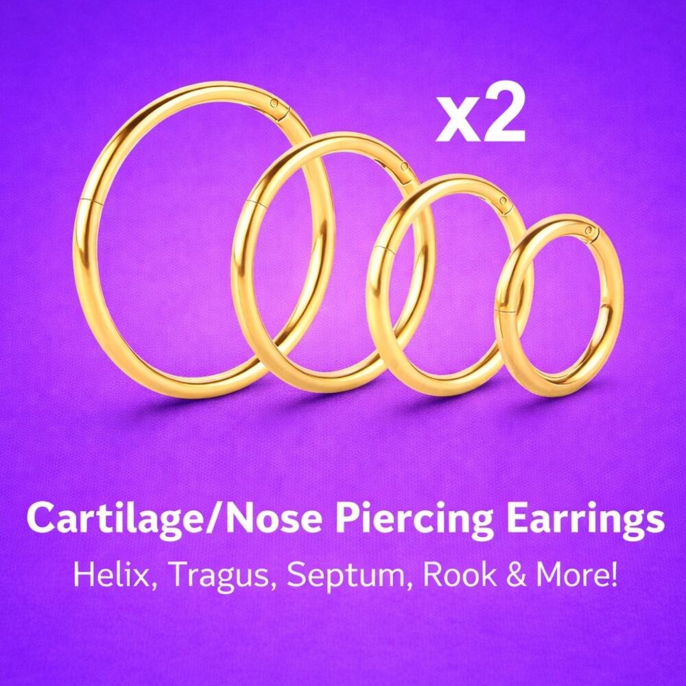 16G Gold Stainless Hypo Cartilage & Nose Hoop Earrings 4 Sizes 7mm–10mm 8PCS Set